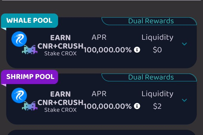 FLS_News_1's tweet photo. 🐊 @croxswap Dual Rewards Pool!
🐊Stake $CROX to earn $CRUSH + $CNR
📍#CroxSwap is a fully decentralized next-generation yield farming protocol which offers dual rewards for staking and farming.
⬇️Stake Here:
https://t.co/kJHNtfVQWh
#FLS https://t.co/P9Dtrl6JHB