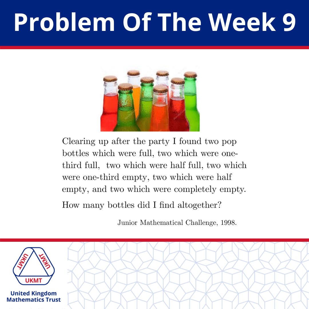 UKMathsTrust's tweet photo. Problem Of The Week 9.

Solution posted on Thursday. 

*Please don't post the solution so that others can still work on the problem - instead, post a 'thumbs up' emoji if you think you know the answer. 👍

#UKMT #ProblemOfTheWeek https://t.co/uFjlgSXl3P