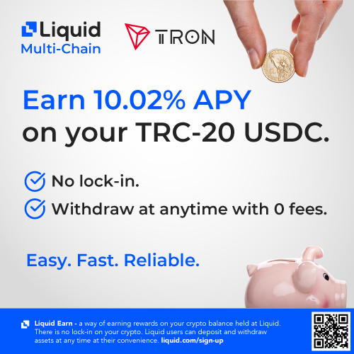 Liquid_Global's tweet photo. Deposit and withdrawals of #TRC20-#USDC is now live on Liquid! @Tronfoundation 

Deposit and start earning 👀double-digit rewards for your TRC-20 USDC! 

Withdraw at any time with 0 fees!

Sign-up on Liquid ⤵️
https://t.co/LERc2lOqZX

Deposit now ⤵️
https://t.co/utNPl01Pys https://t.co/eL5YnUKQey