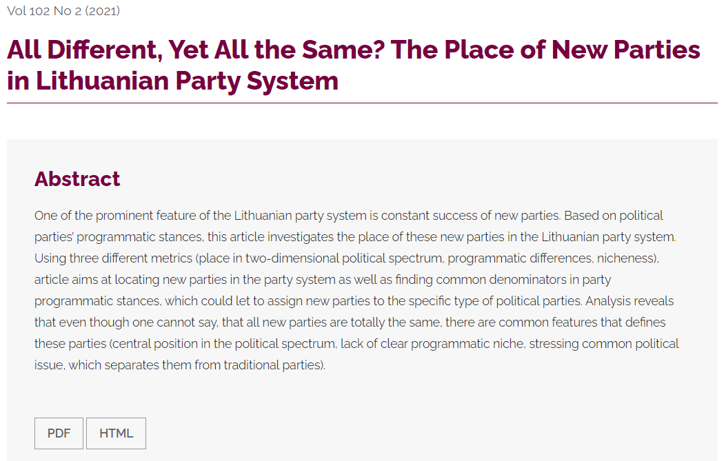 PolitologijaLT's tweet image. #NewArticle
In his newest work Paulius Skirkevičius finds out that the constant electoral success of new #Lithuanian parties has common features every time: lack of clear programmatic niche, stressing common #politicalissue, central #politicalstance.
🔓🇱🇹:zurnalai.vu.lt/politologija/a…