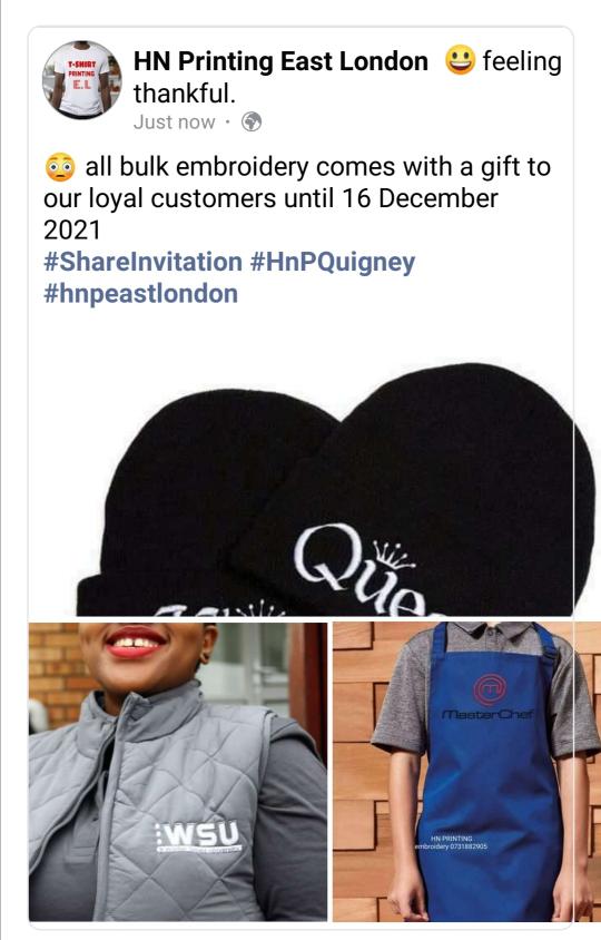BCreationsSA's tweet photo. 😳 all bulk embroidery comes with a gift to our loyal customers until 16 December 2021
#ShareInvitation #HnPQuigney #hnpeastlondon https://t.co/cXM5UN95yY
