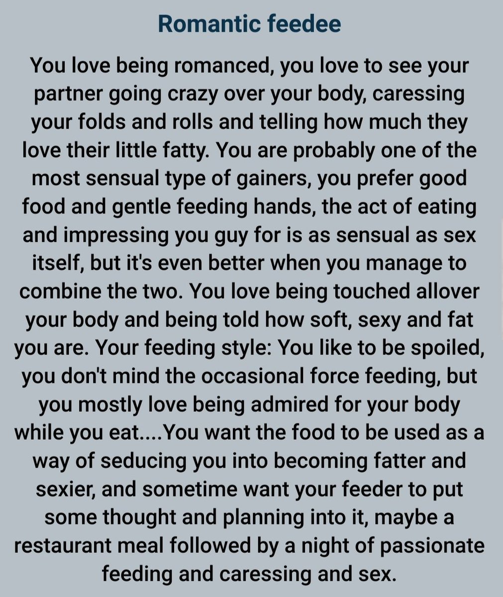 thefatzone's tweet photo. Results of my last quiz 5/5
What is your feeding style
Romqntic feedee
https://t.co/wbZgSHLDgm https://t.co/f0d9x0jKOT