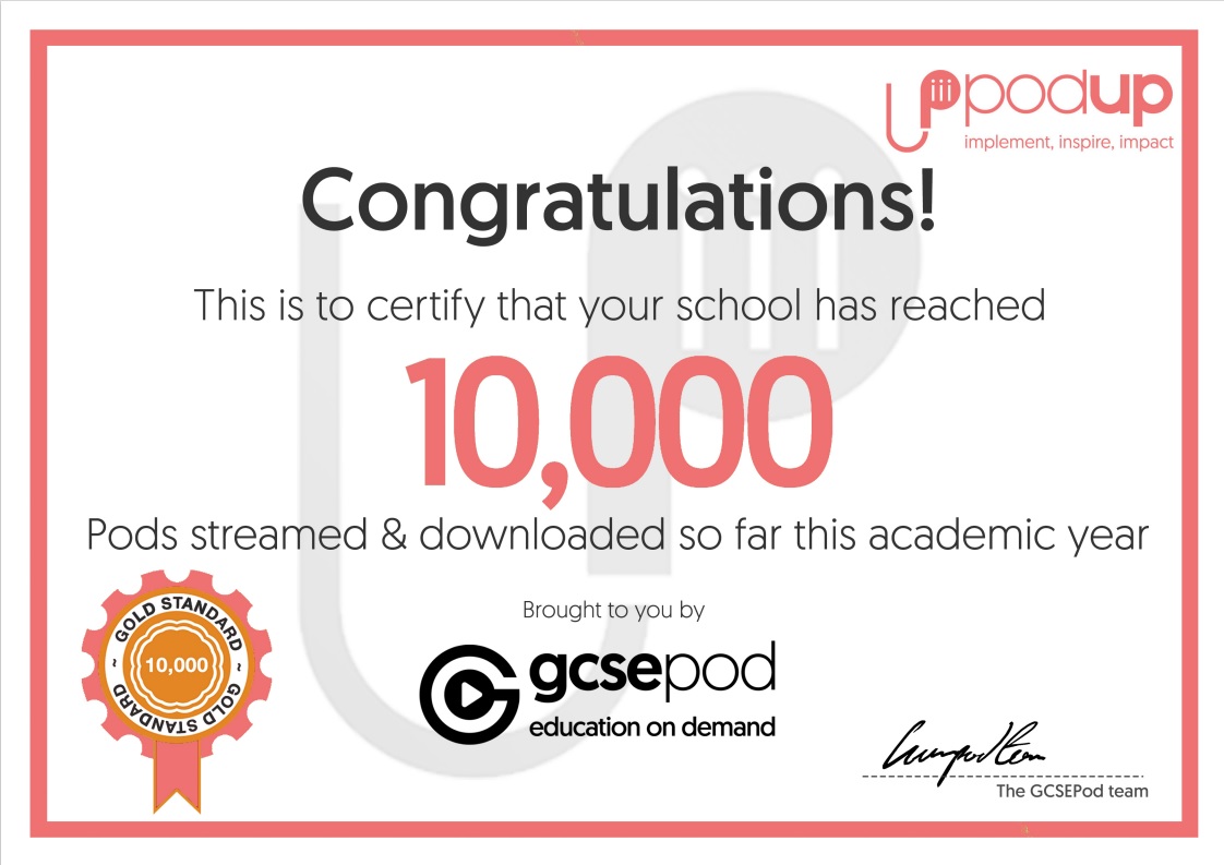 TodmordenHigh's tweet photo. THS have reached 10,000 streams and downloads through GCSE Pod so far this academic year. A fantastic achievement through our students hard work and dedication to learning. We have been awarded a gold certificate! #proud #THS #GCSEPod #Podup https://t.co/e7HQbltHe1
