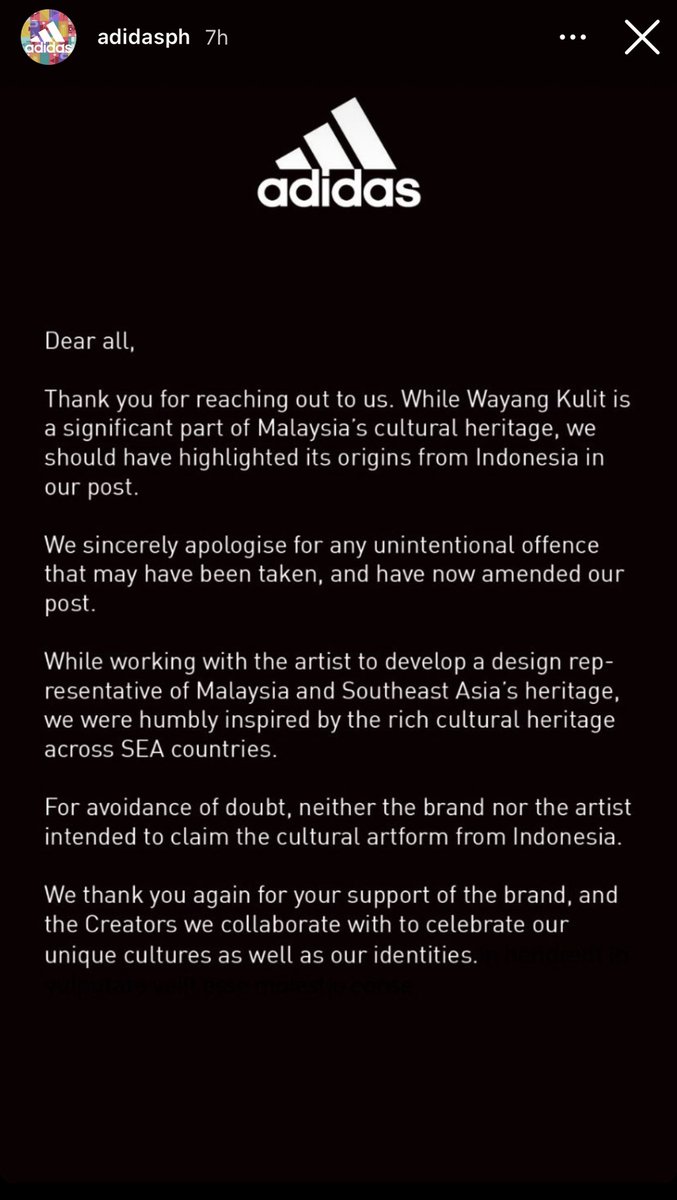 Adidas Philippines also updated their IG post and posted the apology. We didn’t spot the campaign in Adidas Malaysia and the Indonesian account doesn’t have the wayang shoes (anyone know if they posted them removed?)