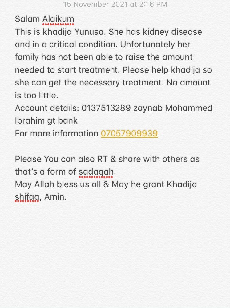 _Uskeman's tweet photo. Salam! This is khadija Yunusa. She has kidney disease and in a critical condition. Unfortunately her family has not been able to raise the amount needed to start treatment. Please help khadija so she can get the necessary treatment. No amount is too little.. God bless https://t.co/VvO74ngorh