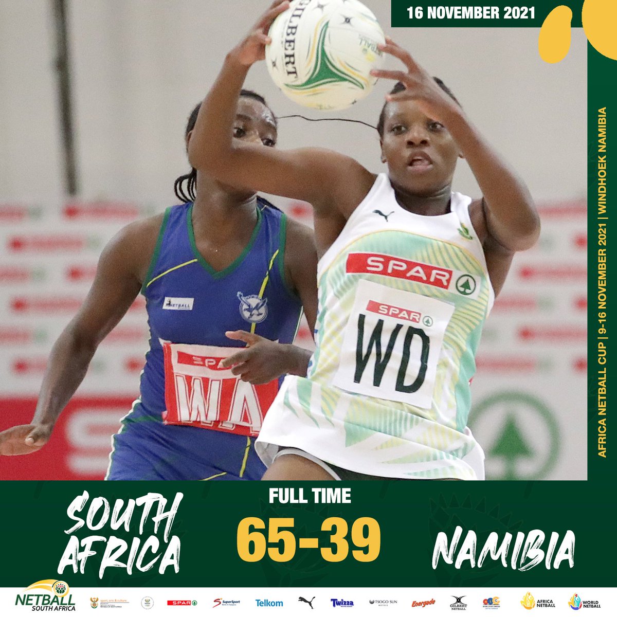 #AfricaNetballCup
🇿🇦🆚🇳🇦
FULL TIME

Undefeated 🔥 South Africa retain the Africa Netball Cup 🏆 beating hosts Namibia by 26 goals on the last day of the tournament. 👏

#SPARProteas #WeAreAllIn