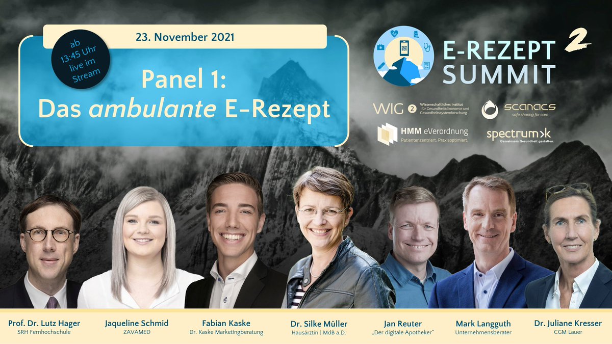 In 1 Woche startet der 2. E-REZEPT SUMMIT. Auf Panel 1 diskutieren wir zum ambulanten #ERezept - mit Prof. <a href="/lutzhager/">Lutz Hager</a>, Fabian Kaske, Jaqueline Schmid, Dr. Silke Müller, Dr. Juliane Kresser, <a href="/MLangguth/">Mark Langguth</a> und <a href="/janreuter/">Jan Christopher Reuter</a>. Jetzt noch anmelden zum #erezeptsummit: eventbrite.de/e/2-e-rezept-s…
