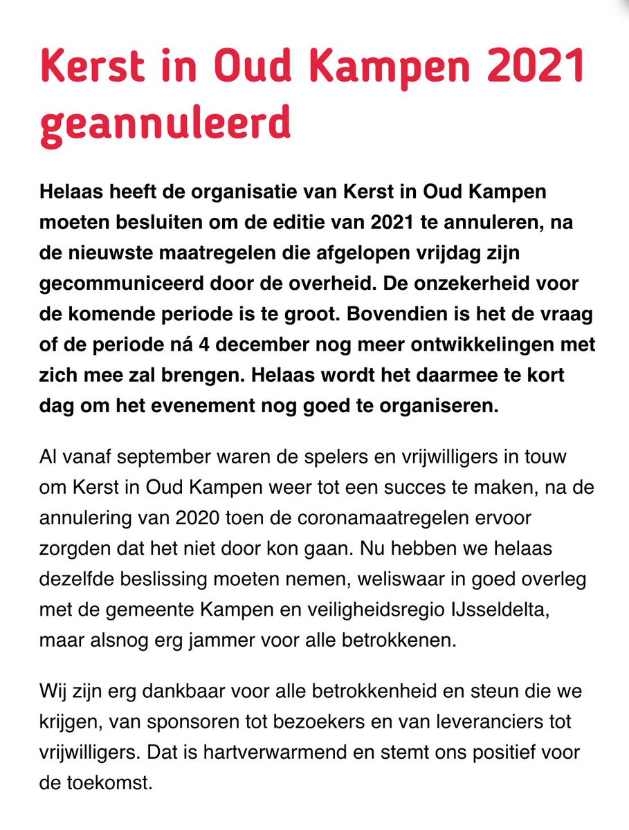 Misschien had je het al verwacht: we hebben moeten besluiten om de Kerst in oud Kampen editie van 2021 te annuleren. 

Wij zijn erg dankbaar voor alle betrokkenheid en steun die we krijgen. Dat is hartverwarmend en stemt ons positief voor de toekomst.
