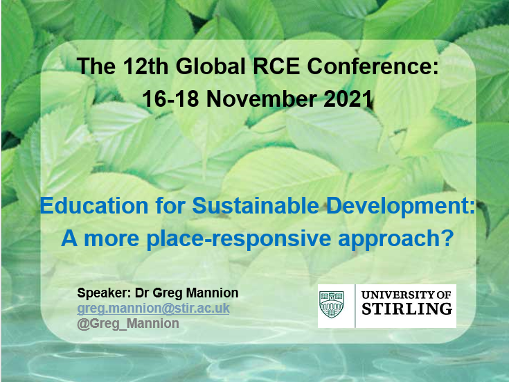 How to engage hearts and minds? <a href="/Greg_Mannion/">Greg Mannion</a> says 'a more place responsive approach' is needed <a href="/LfSScotland/">Learning for Sustainability Scotland</a> <a href="/UNUIAS/">UN University – IAS</a> 12th Global RCE conference #RCEactionforSDGs #SDGs #ThisisLfS #learningforsustainability <a href="/EdScot/">Ed McEwan</a> <a href="/GTCS/">The General Teaching Council for Scotland</a> <a href="/StirUni/">University of Stirling</a>