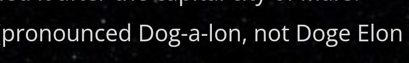 TeslaDarth's tweet photo. PRONOUNCED "DOG-A-LON"
There. No more confusion.
@MarsFleet
#MARSFLEET
@DogelonMars #Love
#ELON #DOGELON #DOGELONMARS #MARS #cryptocurrency #Crypto #cryptocurrencies #CryptoNews #cryptotwitter #CryptocurrencyNews #Cryptos #cryptotrading #CryptoArt #family #community #xElon #fun https://t.co/7NcOB0wlGl