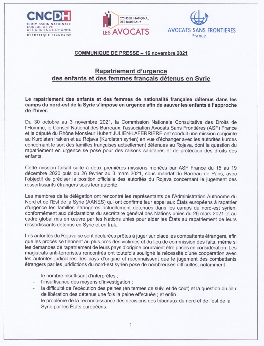 FamillesDes's tweet photo. La @CNCDH, le @CNBarreaux, @ASFFrance et le député @hub_laferriere ont conduit une mission dans le NE de la Syrie du 30 oct au 3 nov.
Dans un communiqué, ils appellent au rapatriement sans délai des enfants français et de leurs mères détenus dans les camps de prisonniers. https://t.co/yBIig8FlND