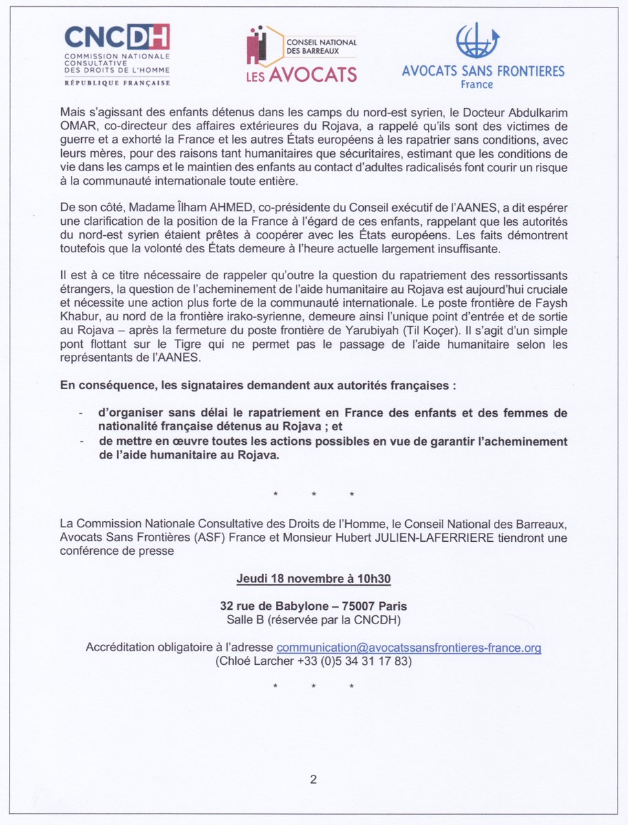 FamillesDes's tweet photo. La @CNCDH, le @CNBarreaux, @ASFFrance et le député @hub_laferriere ont conduit une mission dans le NE de la Syrie du 30 oct au 3 nov.
Dans un communiqué, ils appellent au rapatriement sans délai des enfants français et de leurs mères détenus dans les camps de prisonniers. https://t.co/yBIig8FlND