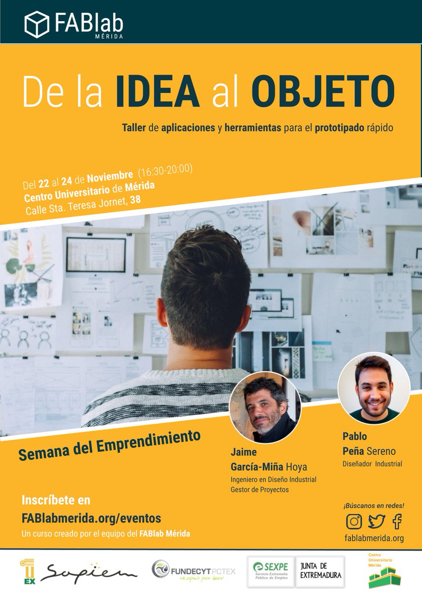 UExSAPIEM's tweet photo. 📢 "De la Idea al Objeto" Organizamos junto a @LabMerida y @FundecytPCTEX un taller de aplicaciones y herramientas para el prototipado rápido en @CUMe_UEx, del 22 al 24 de nov, ¡no te quedes sin sitio! https://t.co/CzEdBf04jX