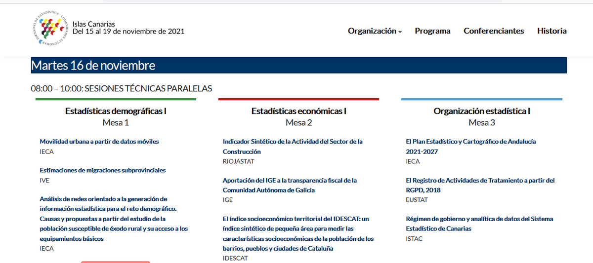 En marcha la segunda jornada de las #JECAS 2021, con sesiones sobre estadísticas demográficas, estadísticas económicas y organización estadística, con participación del <a href="/IECA_Andalucia/">IECA</a>, <a href="/riojastat/">Estadística La Rioja</a>, <a href="/IGE_Estatistica/">Instituto Galego de Estatística (IGE)</a>, <a href="/idescat/">Idescat</a>, <a href="/eustat/">Eustat</a>, <a href="/icane_es/">ICANE</a>, <a href="/IAEST/">Instituto Aragonés de Estadística</a> e <a href="/istac_es/">Istac🇮🇨</a>. ¡Mil gracias!