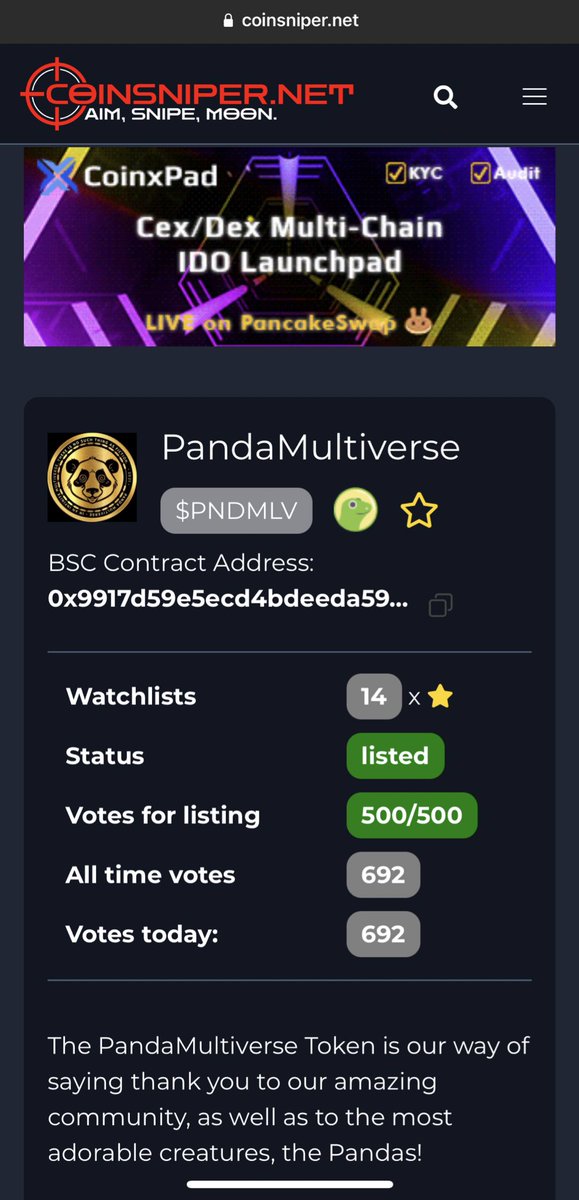 MultiversePanda's tweet photo. We are now listed on Coinsniper! Thanks for all your support, Pandas! 🐼🔥
#Bsc #Solana #Coinsniper #Pandaverse #PandaArmy https://t.co/14RP63Nbsz