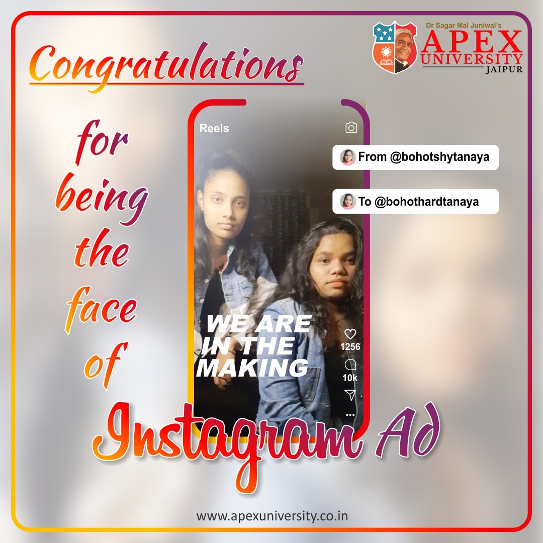 APEX_COLLEGES's tweet photo. Glorious moment for Apex University
Instagram has selected Ms. Tanaya Yadav & Anjali Kumari of Journalism Department of Apex University for creation of its advertisement. This Ad is being telecast on more than twelve channels including Star Plus. Many Congratulations
#Instagramad https://t.co/r5it45vQ9b