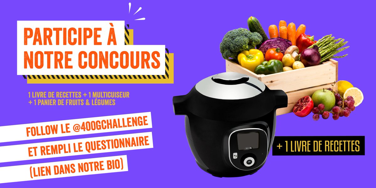 Que tu sois un aficionado des fruits et legumes ou un nouvel abonné au #400gChallenge, on adorerait entendre tes retours ! Remplis notre questionnaire ici: surveyhero.com/c/400gCompetit…