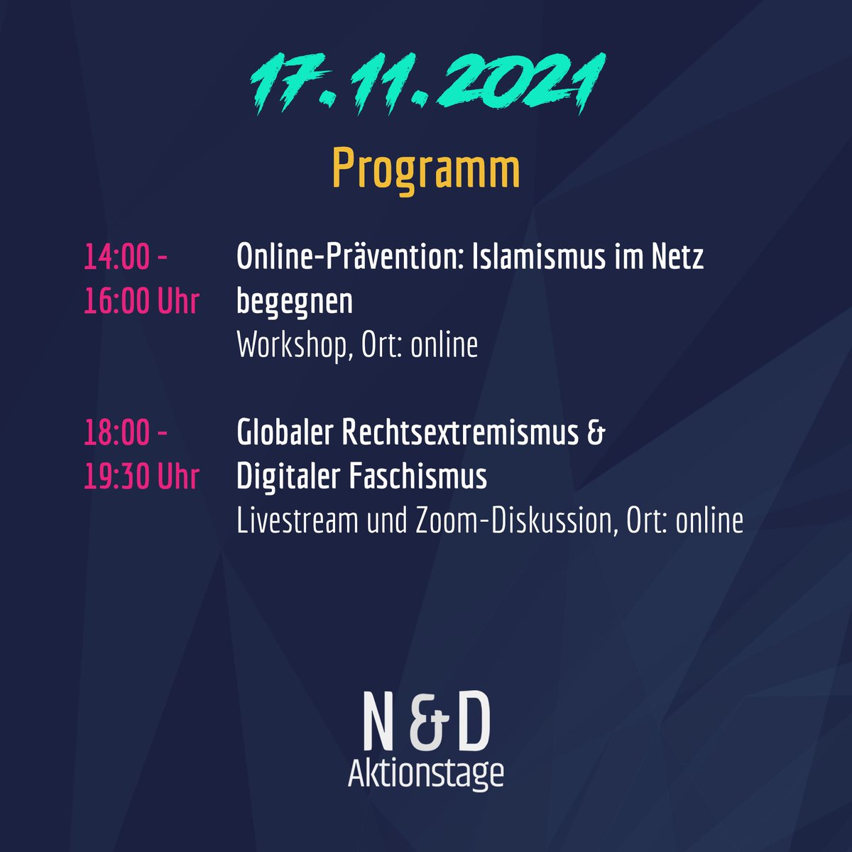 (1/2)

3️⃣ Tag 3 der Aktionstage Netzpolitik &amp; Demokratie 3️⃣

🎯  Heutige Themen u.a.: #SocialMedia bei der #Bundestagswahl 2021, #Islamismus im Netz, #DigitalerFaschismus, #Diskriminierung durch #Algorithmen, #Verschwörungsmythen, #DigitaleZivilcourage und #Antisemitismus im Netz