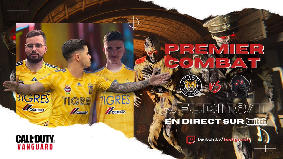 LosTigresTV's tweet photo. Los Tigres🐯 x Zombies🧟 

Jeudi 18 novembre nous serons en live sur Twitch au soir, pour découvrir le mode Zombie sur #CallofDutyVanguard ! 

➡️ Ça se passera juste ici : https://t.co/m42TLLbsBA 
On compte sur vous ! 🔥

#VamosTigres🐯 https://t.co/YHqhFSc40n