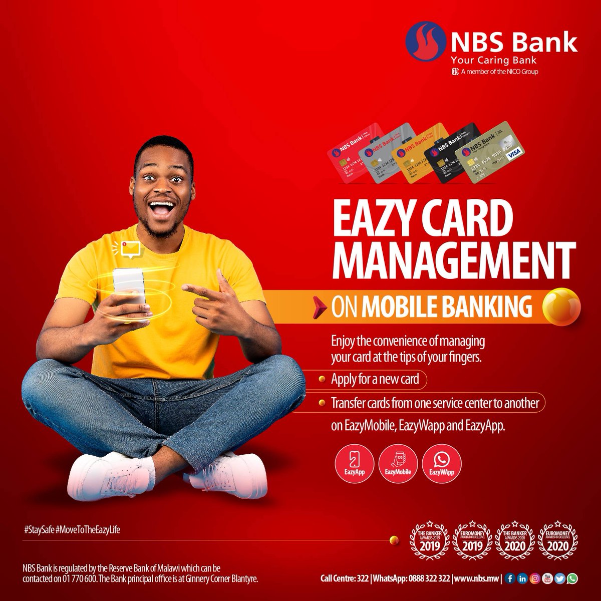 NBSBankMw's tweet photo. Did you know you can manage your card at the tips of your fingers on EazyMobile, EazyWapp and EazyApp?
Experience the Eazy life.
#NBSBank
#YourCaringBank
#EazyLife https://t.co/BlMFVLvn9Z