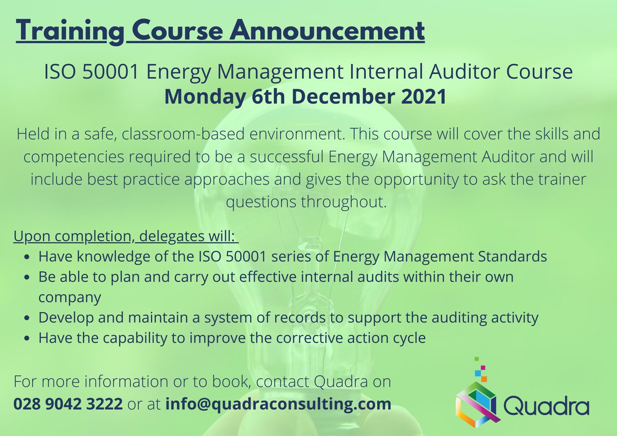 Training Course Announcement! 👏

Our very own Stephanie Singer will be holding an ISO 50001 Energy Management Internal Auditor Course on Monday 6th December. 

For information about the course get in touch! ⚡️
#iso50001 #trainingcourse #energymanagement #ISO