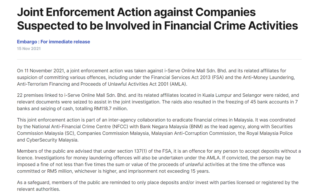 Bfm News On Twitter 1 Authorities Raided The Premises Of I Serve Online Mall Sdn Bhd And Its Related Affiliates On Suspicion Of Financial Offences Including Money Laundering Bank Negara Malaysia Said 45