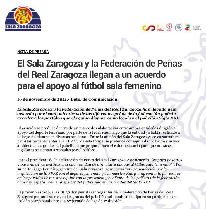 FPRealZaragoza's tweet photo. El @SalaZaragoza y la @FPRealZaragoza del @RealZaragoza llegan a un acuerdo
para el apoyo al fútbol sala femenino #FPRZ #FPRZNews https://t.co/OSDUI6LKAT