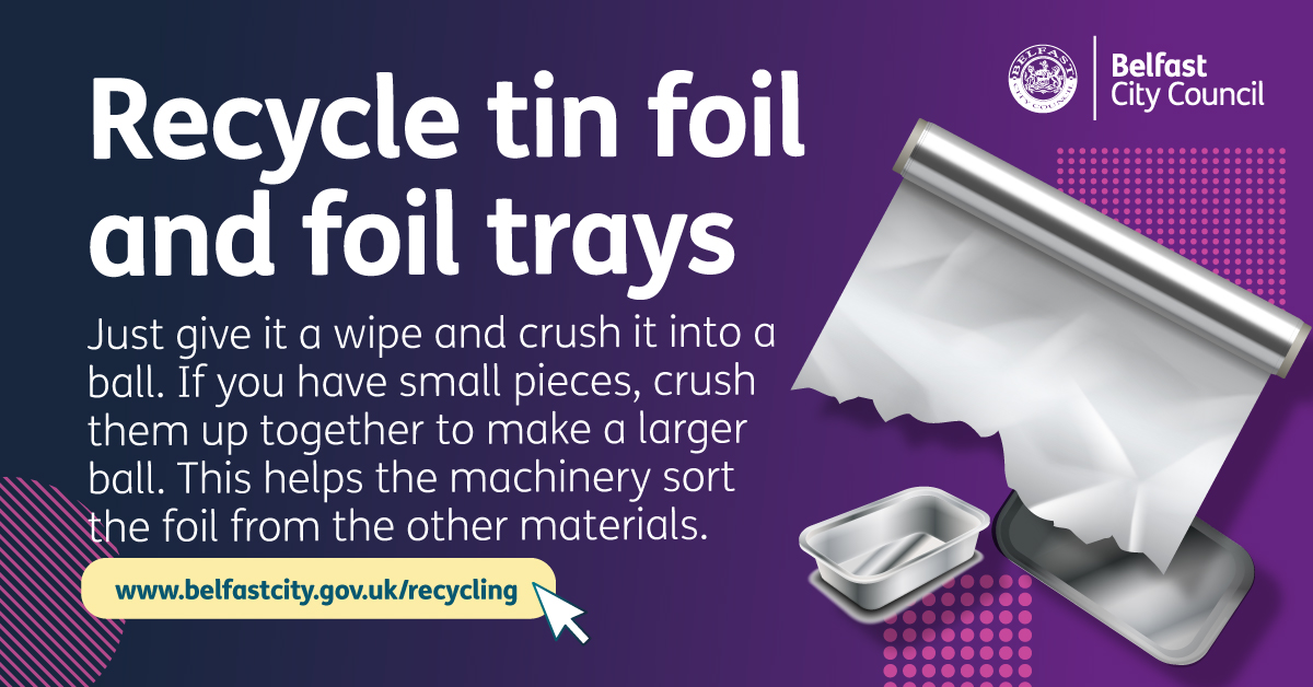 belfastcc's tweet image. Foil wrap &amp;amp; trays are among the everyday items that can easily be recycled, rather than going into your black bin. So, next time you get a takeaway or unwrap your sandwich, make sure to wipe down any foil (if possible) &amp;amp; pop it in your blue bin or recycling box! #OneWeeThing