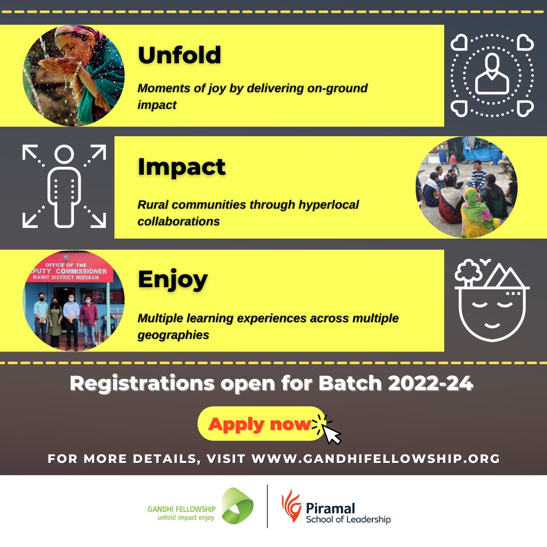 Your opportunity to unfold, impact and enjoy is here. What are you waiting for? Gandhi Fellowship registrations are open for Batch 2022-24. Apply now! 

For more details, visit gandhifellowship.org  

#GandhiFellowship
#OneProgram
#MultipleLearningOpportunities