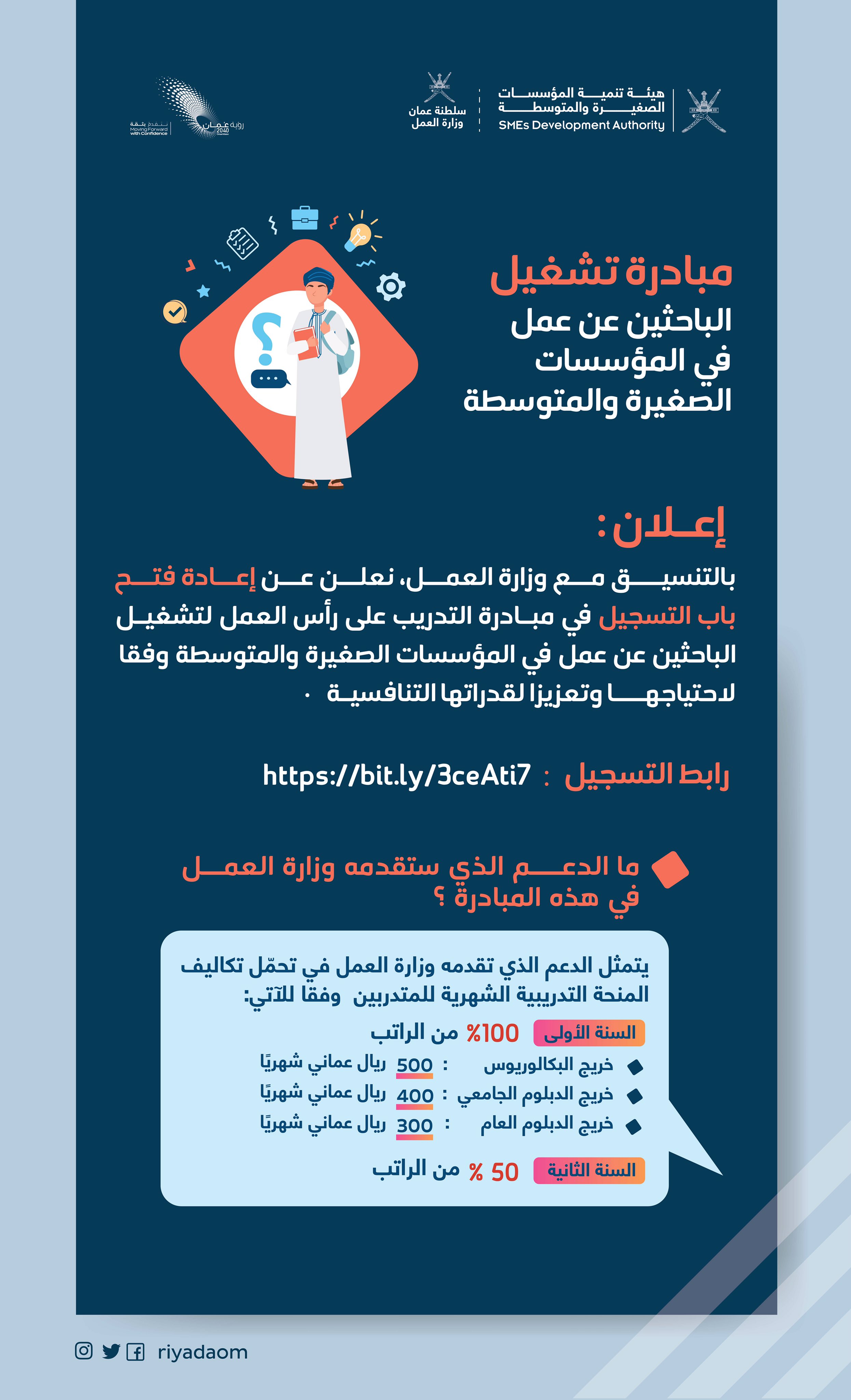 بالتنسيق مع وزارة العمل @Labour_OMAN نعلن عن إعادة فتح باب التسجيل في مبادرة التدريب على رأس العمل لتشغيل الباحثين عن عمل في المؤسسات الصغيرة والمتوسطة 
رابط التسجيل:
https://bit.ly/3xQgTm7

الأسئلة الأكثر شيوعا:
https://bit.ly/2VHGBdN