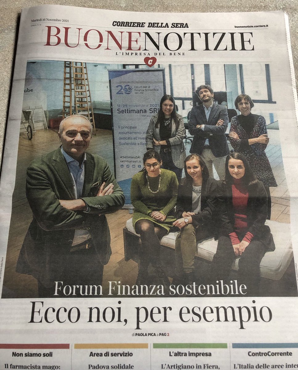 ItaSIF's tweet photo. Oggi il @CorriereBN dedica la copertina al Forum per la Finanza Sostenibile e racconta la storia dell’associazione, il lungo percorso da fenomeno di nicchia a mainstream con un ruolo fondamentale per la #transizione, sfide e prospettive future. Grazie @EliSoglio e @paolapica https://t.co/f9k1h8m3MS