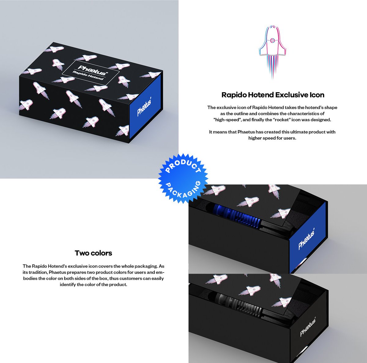 phaetus3D's tweet photo. Rapido Hotend is so ready to lauch! And here is the packaging artwork / renders for it! How do you guys like it?
#RapidoHotend #Phaetus #NewProduct #3DPrinting #Hephaestus #ComingNovember https://t.co/XR2Ghg6ato