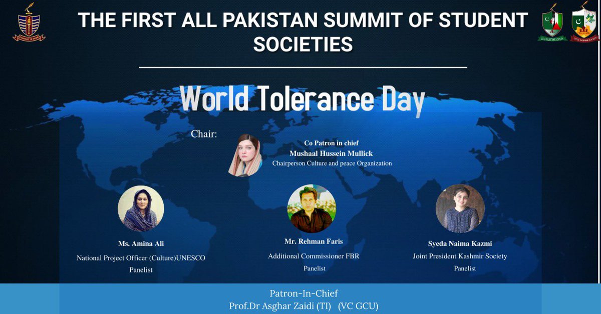 International Tolerance Day , I’m Chairing a special session at Government College University Lahore today to mark this day in the 1st All Pakistan Summit of student societies. #internationaldayfortolerance #KashmirBleeds #FreeYasinMalik
