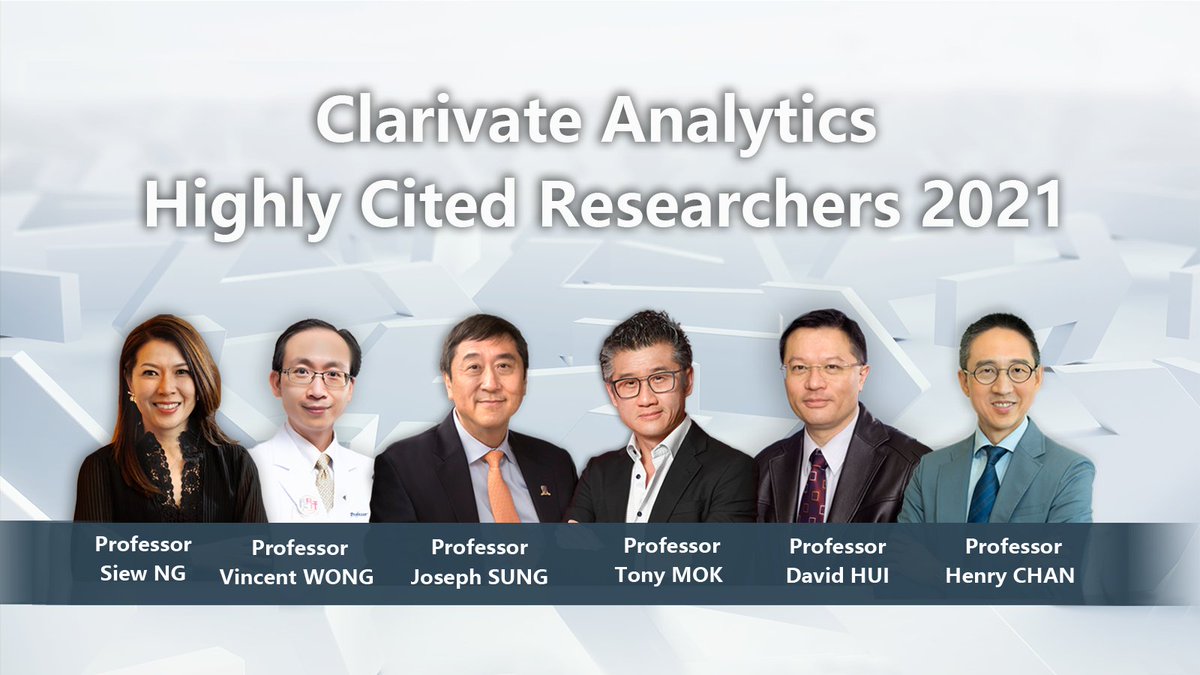 CUHKMedicine's tweet photo. Six @CUHKMedicine professors are named “#HighlyCitedResearchers 2021🌏” by @clarivate
This prestigious list recognises the world's top researchers whose citation records ranked in the top 1 % in their fields of study over the last decade. Congratulations🎉https://t.co/j9F428YWwG https://t.co/h2x66dpKFp