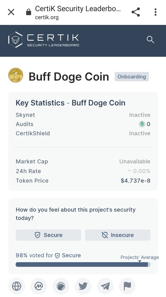 CryptoMavenn9's tweet photo. Congratulations to @buffdogecoin Army 💪 🔥 🔥-

🔥"@certik_io  Audit Started"🔥

"Now #BuffDogeCoin will become more secure and more safe"

Join Telegram - https://t.co/187MmI3Iin

#BuffDogeCoin #buffdogecoinarmy #CertikAudit #BTC #Bitcoin https://t.co/ioxbG5rDVO