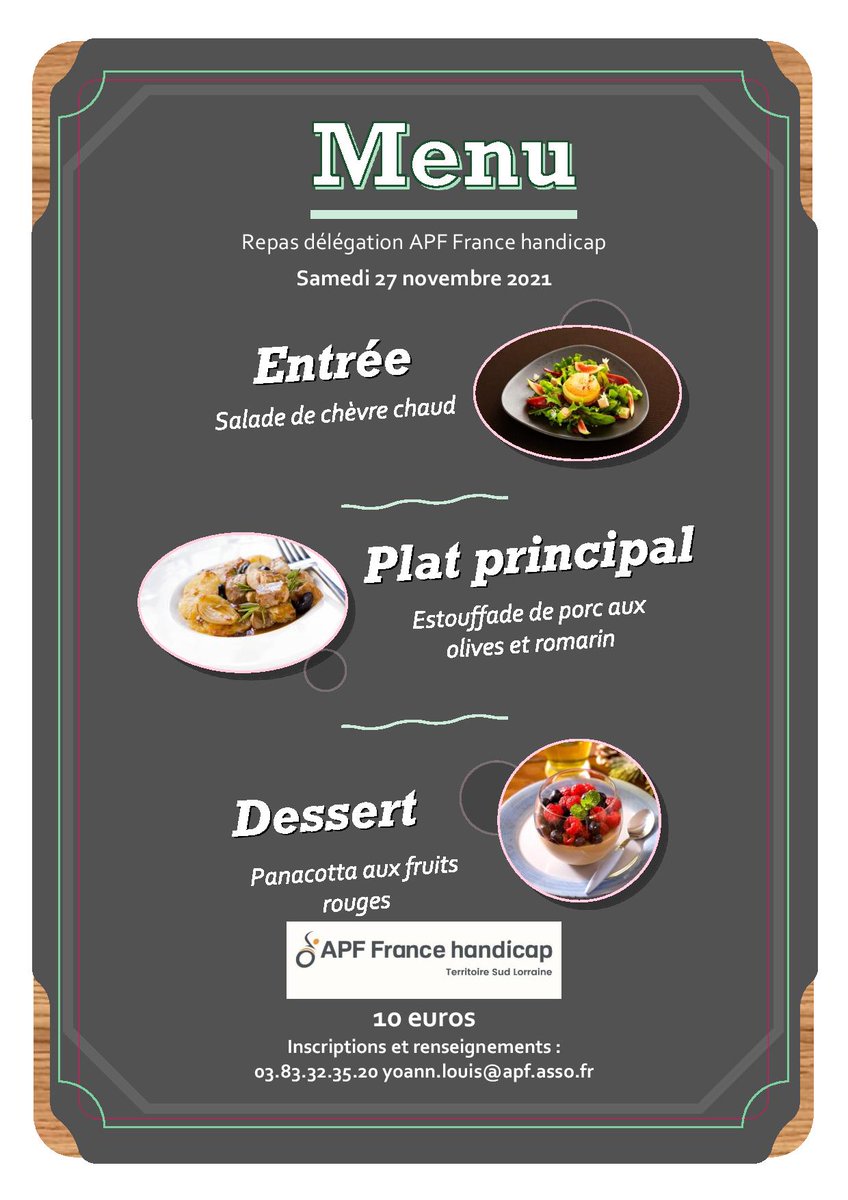 Miam miam : voici le menu du repas de la délégation 54 qui aura lieu le samedi 27 novembre 2021!
- Salade de chèvre chaud
- Estouffade de porc aux olives et romarin
- Panacotta de fruits rouges
C'est toujours 10 euros par personnes et sur réservation auprès de la délégation!