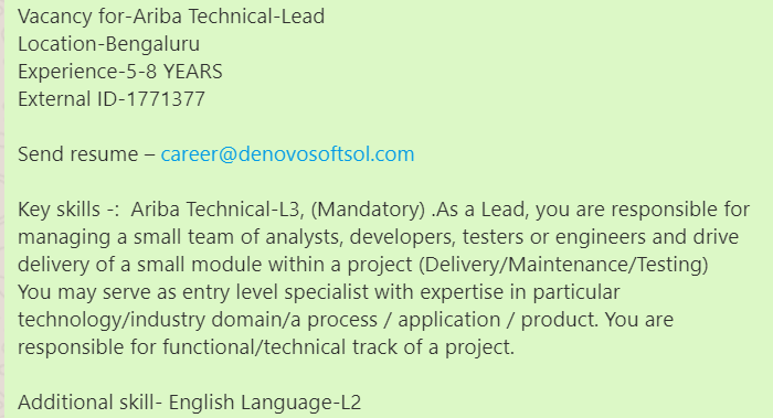 denovosoftsol's tweet photo. #denovojobs #denovo
Vacancy for-Ariba Technical-Lead
Location-Bengaluru
Experience-5-8 YEARS
External ID-1771377

Send resume – career@denovosoftsol.com
#Aribatechnical #sapabap #seniordeveloper #saphana #sapmm #sapmodule #sapservice #ariba #programming #programminglanguage https://t.co/xqpYAbp7HX