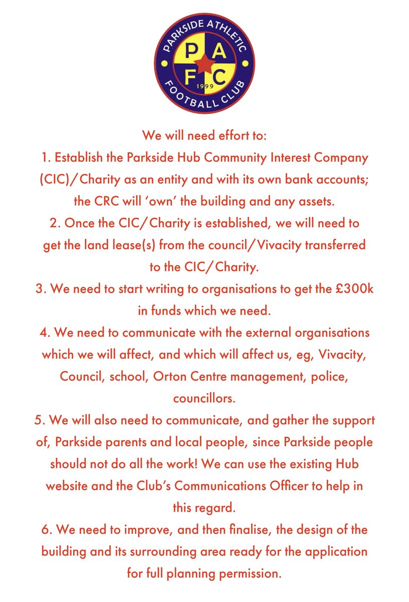 PAFC1999's tweet photo. Club statement regarding the Parkside Hub. 

We’re still in need of some assistance with this process to make the hub a reality, so anyone looking to get involved and can help us out please contact us! 

#PAFC https://t.co/WJHOodxa60