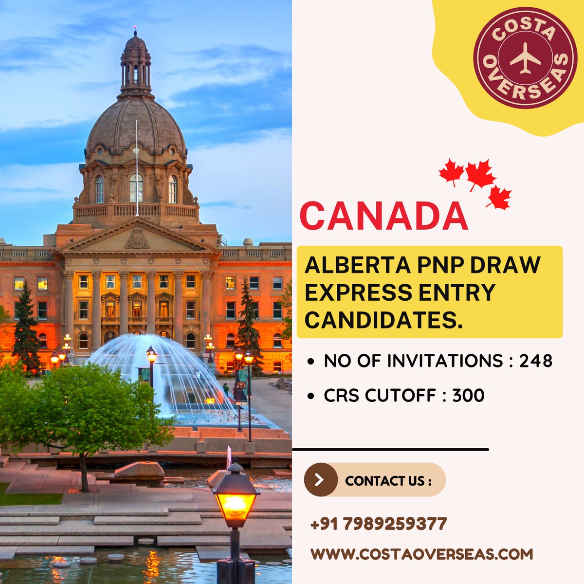 CostaOverseas's tweet photo. Alberta PNP invites more Express Entry candidates with scores of 300
Visit Costa Overseas Today.
Reach out to us @ : +91 628 125 1125 or +91 798 925 9377
Visit our Website : https://t.co/0SqyN8YPxW
#canadaimmigration #canada #abroad #costaoverseas #immigration #oneofthebest https://t.co/KtVA7oj3GO