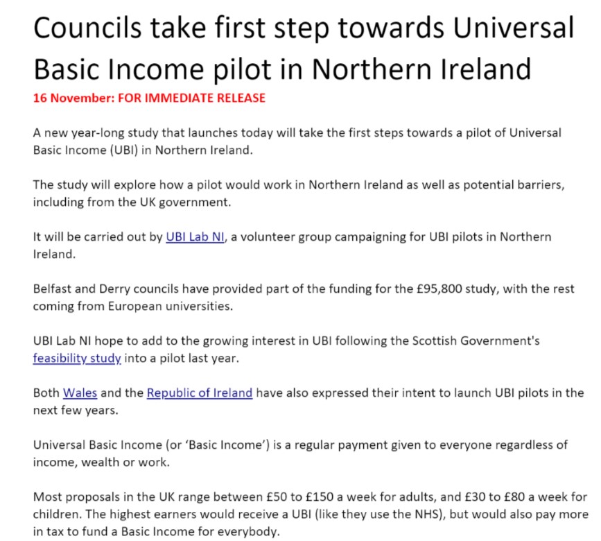 UBILabNI's tweet photo. This would not have been possible without support of local councils.
We'd like to thank @belfastcc & @dcsdcouncil for their backing, with thanks to @CausewayCouncil, @ANBorough, @ANDborough & @nmdcouncil for wider support.
Next step: An NI wide UBI trial backed by @niassembly https://t.co/BpEcey2VBP