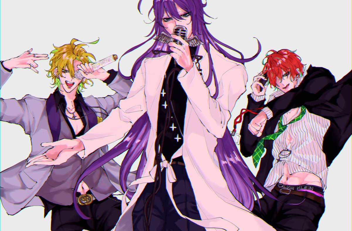 kamui gakupo 3boys male focus multiple boys purple hair microphone long hair necktie  illustration images