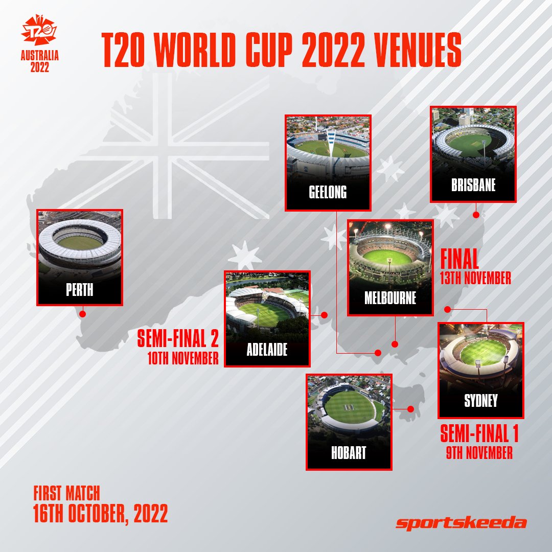 Sportskeeda's tweet photo. Here are all the venues which will be hosting the T20 World Cup 2022 matches in Australia 🇦🇺

#T20WorldCup #T20WorldCup2022 https://t.co/kFqSFmlyNY