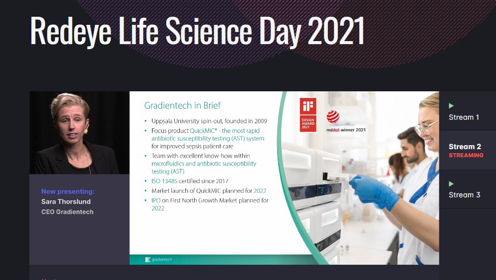 Gradientech's tweet image. Our CEO, Sara Thorslund, presented the latest updates around #Gradientech and the planned market launch of the #QuickMIC System at the recent Redeye Life Science Day. The presentation is available at Redeye.se