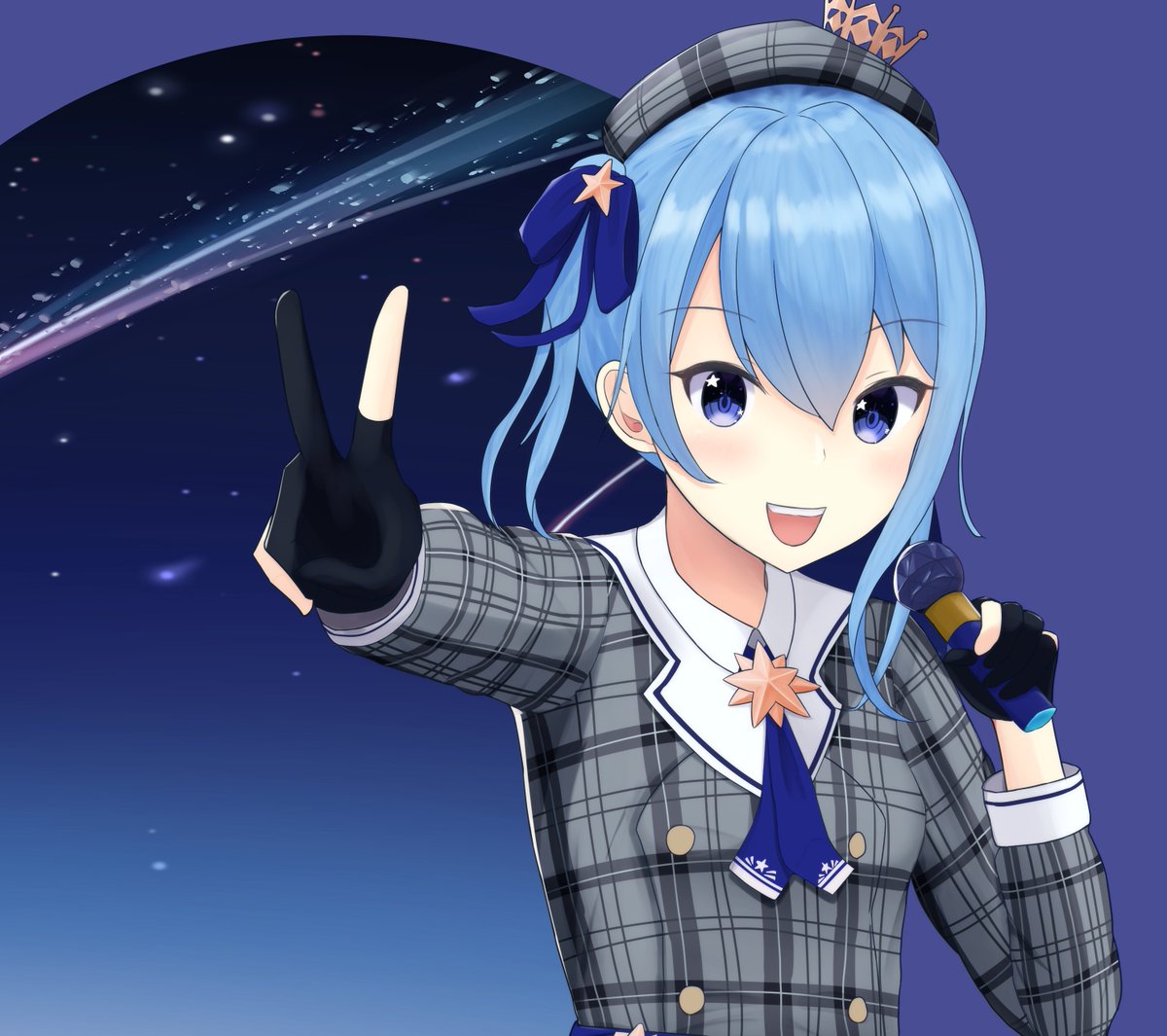 hoshimachi suisei 1girl solo blue hair hat blue eyes plaid headwear microphone  illustration images