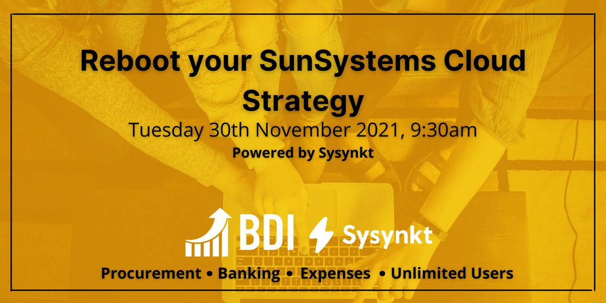 BIDataIntel's tweet photo. Join us: 9:30am on 30/11/21 for a webinar on how you can Reboot Your #SunSystems!
Sysynkt introduces next gen cloud software to SunSystems. Our #SaaS pricing model (no annual maintenance fees) you to extend functionality with our unlimited user licences. 

https://t.co/GGkNtsPwfJ https://t.co/XuLUax9HtG
