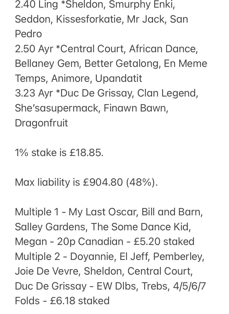 theformanalyst's tweet photo. Today’s bets. 12 races today although I don’t have any decent overnight positions (couldn’t get on the ones I wanted as they shortened too quickly), so will need to #JBFW today! Hopefully I can find 9-10 winners at least but we’ll see. https://t.co/UsiT8weymW
