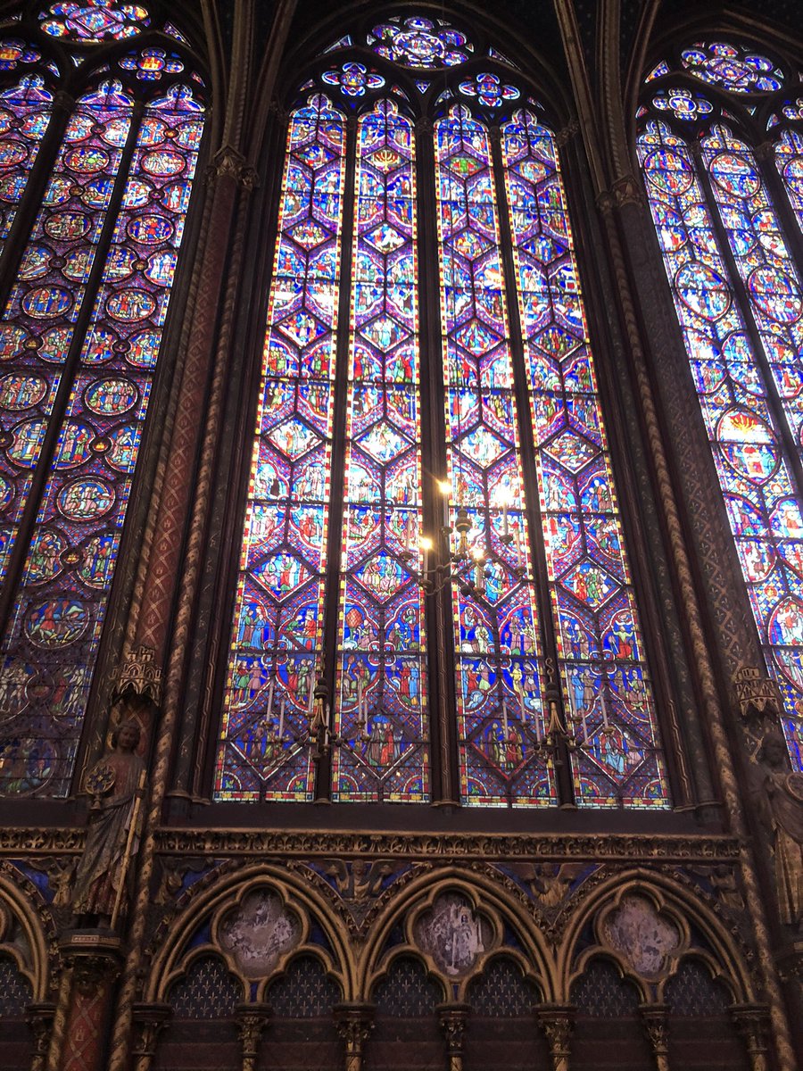 The C13th stained glass of Sainte-Chapelle, in Paris. Completed in 1248 to house Louis IX’s collection of Christian relics. Although some of the glass was lost during the French Revolution, nearly two-thirds of the original glass remains. #Twitterstorians #Paris