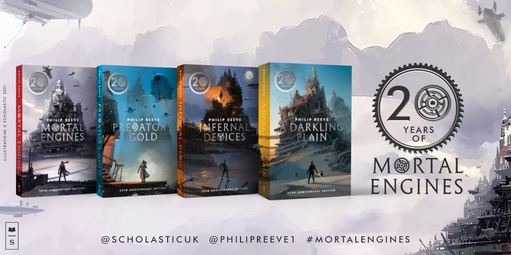 scholasticuk's tweet photo. Today is 20 years since #MortalEngines first published.
 
We are very proud to publish this spectacular series by @philipreeve1.
 
To celebrate this landmark, we are giving away three full sets of the modern classics with stunning covers by @ianmcque. RT by 30th November to win. https://t.co/YuBtcLFfdH