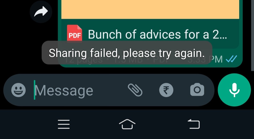 Solanki25197190's tweet photo. Hello @Whatsapp , i am facing some issue since this morning . When i send some document to someone it doesn't get done and it shows me this. Please concern this and let me know what i am supposed to do now. Sometimes i can send documents(i.e. pdfs,.) but some other time i can't. https://t.co/B62bJiOidq