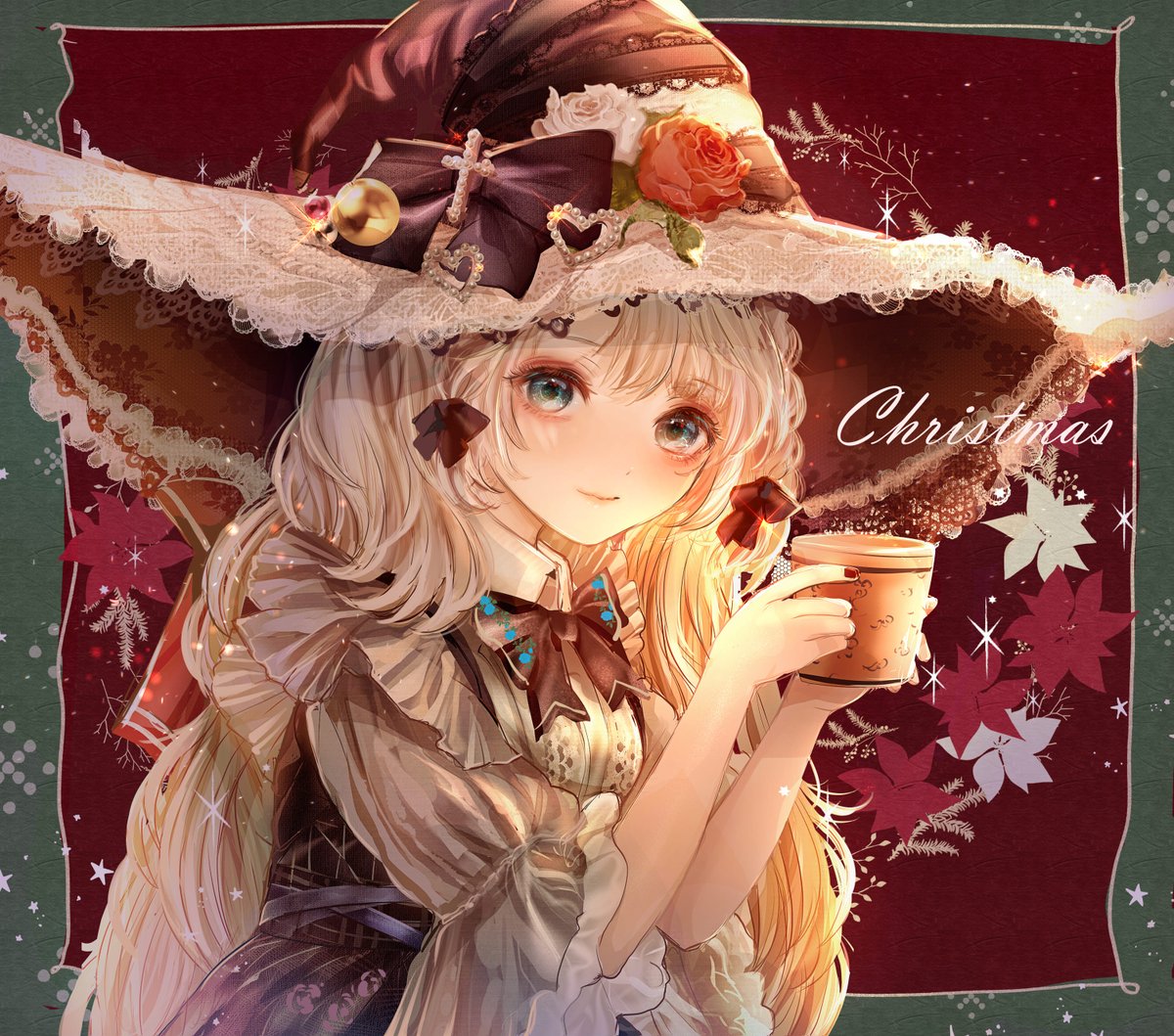 1girl solo hat witch hat long hair flower holding  illustration images